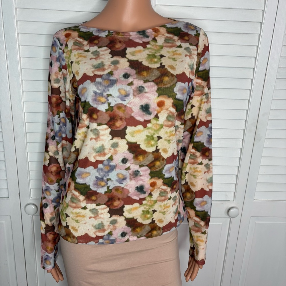 CHARLIE B Printed Ruched Mesh Top Size Large - Picture 2 of 6